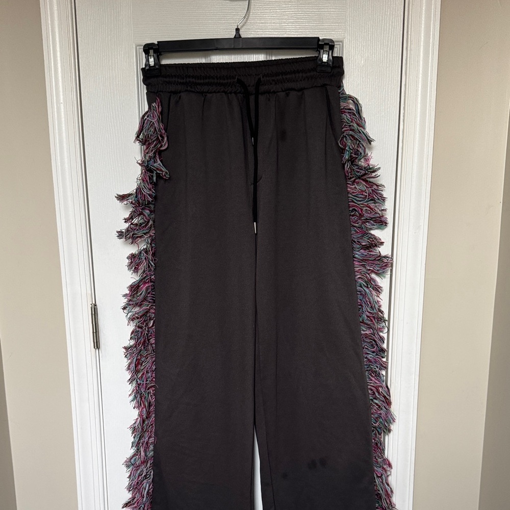 Gray Sweatpants with Colorful Fringe - Picture 2 of 4